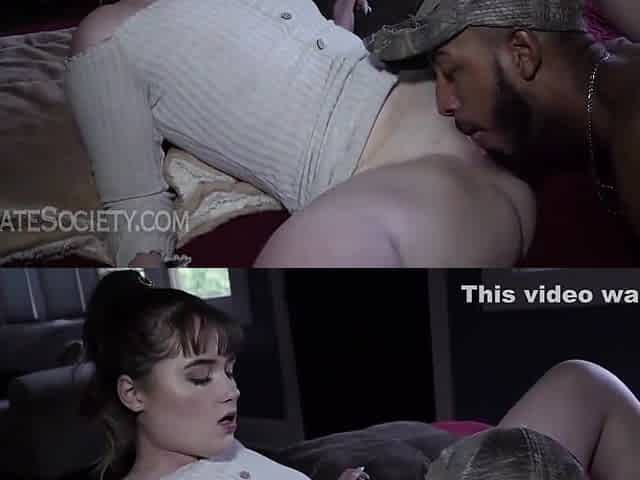 Chubby brunette is holding her legs spread wide while a black guy is fucking her tight ass