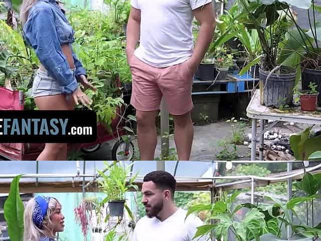 Two sexy girls fuck their customer in a big greenhouse, riding his cock and face with their pussies