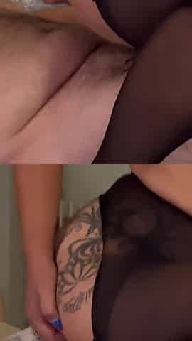 MILF Rides in Ripped Pantyhose and He Cums on Her Feet