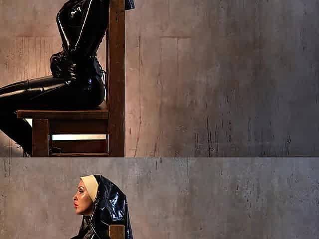Nun in a latex dress slapped her large booty for her sins FULL