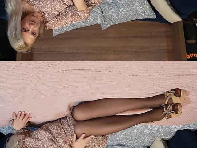 Blonde Mature Laura in a Summer Dress, Brown Pantyhose and Heels Teasing