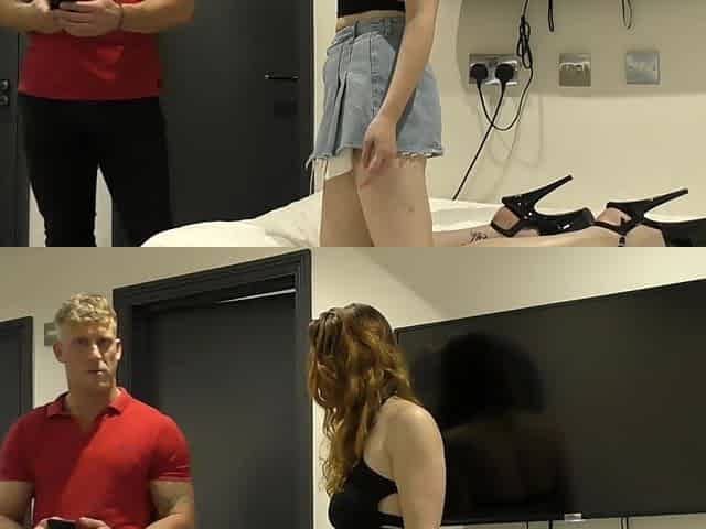 A sexy woman in a red dress has sex with her boyfriend in a passionate encounter.