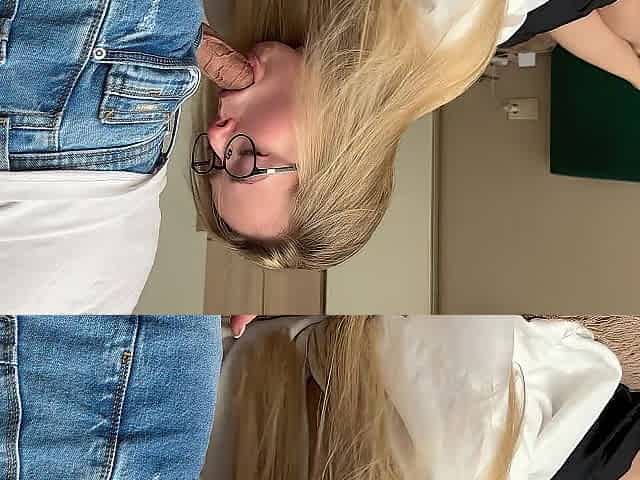 Banged hard in the throat of a blond with glasses whilst her spouse is at work
