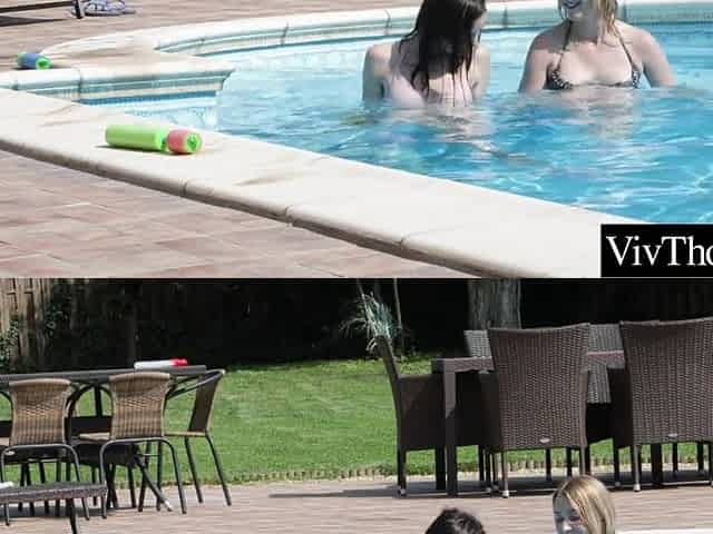Pool side lovers have a fun every others soaked bodies