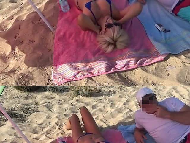 Gangbang with fucking on the beach. Blonde and 4 guys.