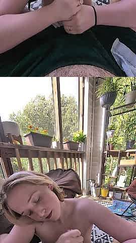 Blond amateur strokes penis with her melons on patio for 1st time