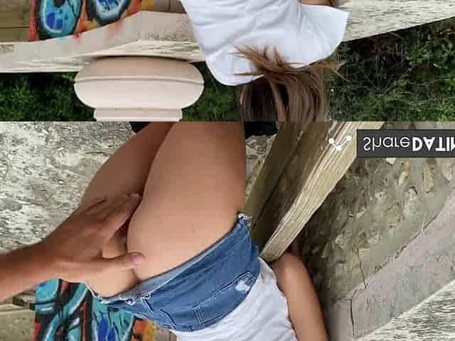Public sex with a slim denim-skirted teen in white high heels.