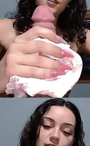 My Stepmom Grabs Me with Her Panties! He Never Gets Tired of Sucking My Huge Cock.
