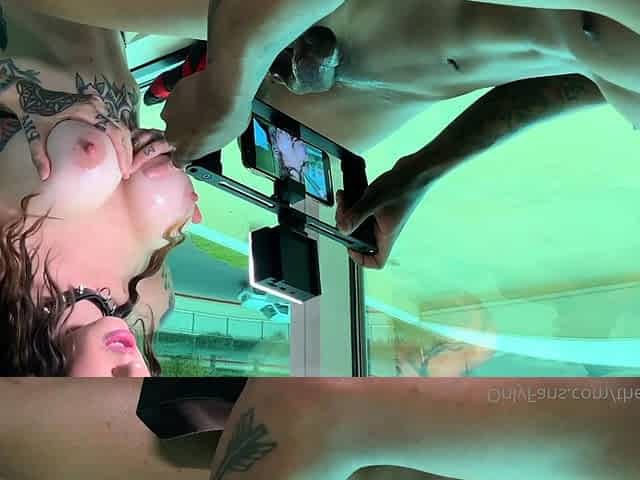 The brunette with big boobs does a hand job and blowjob