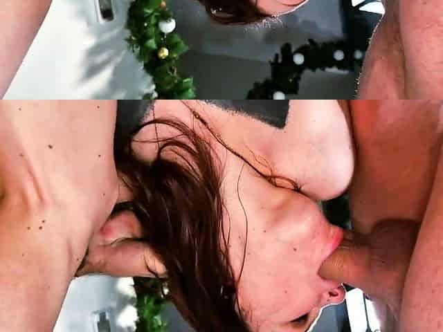 Hot brunette milf with big boobs gives a blowjob