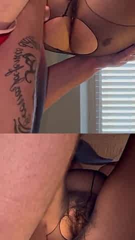 Cumshot on Fur in Ripped Black Pantyhose
