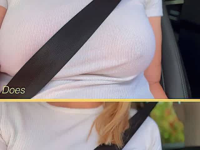 Wifey with flawless braless breasts flashing in the car
