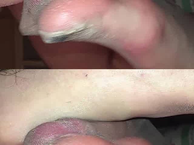 Tan stockings footjob with weenie trapped inside