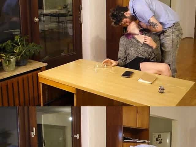 Excited pink haired secretary gets caught fingering herself, sucks, screws and gets a giant load