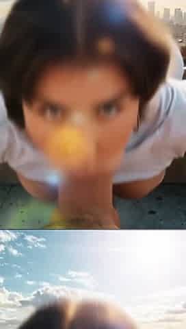 Brunette rooftop blowjob, city pussy ride, bedroom footjob