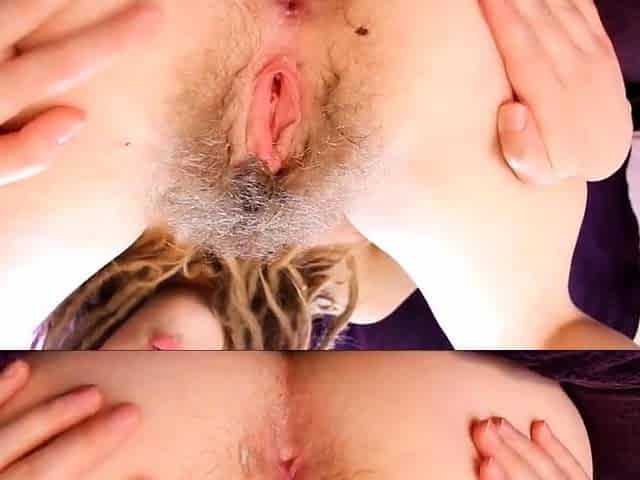 Spreading hairy pussy