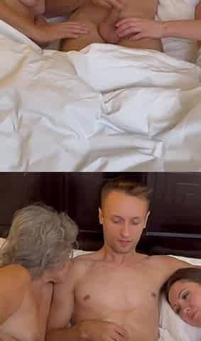 Full 12 Min FFM Step Family Share a Bed in Hotel Room! First 3some Cumshot Double Blowjob Deep Throat