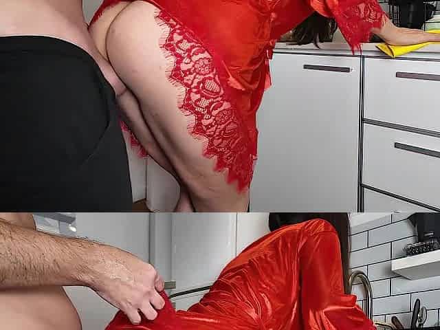 Kitchen surprise for hawt stepmom in satin