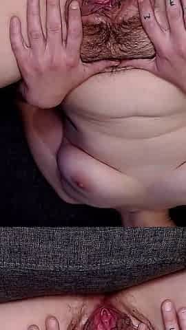 Stretching Big Pussy Lips Nipple Play Hairy