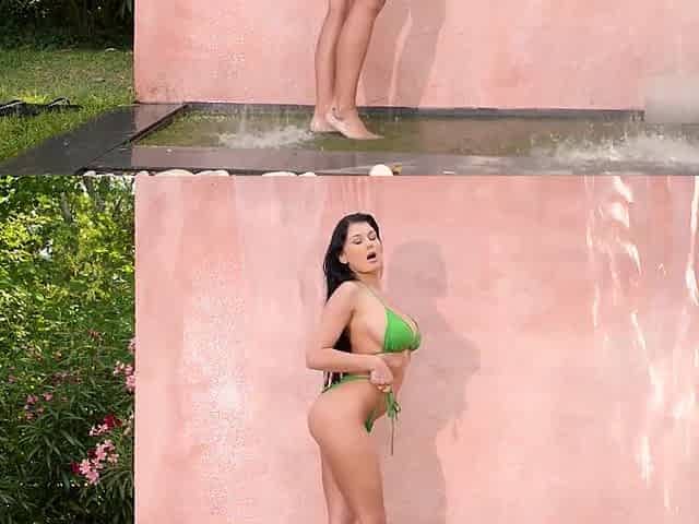 Busty Lucy Under Garden Water Wall