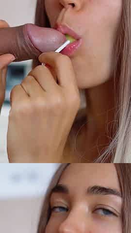 Tease sensual blowjob with sweet lollipop by cute girlfriend