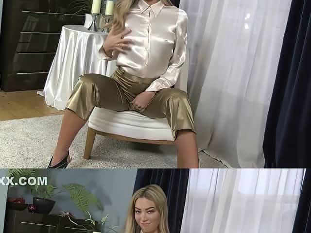 Natalia in super HOT pink satin panties and white blouse