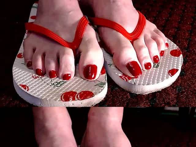Red Toenails Flop Flops Mature Feet