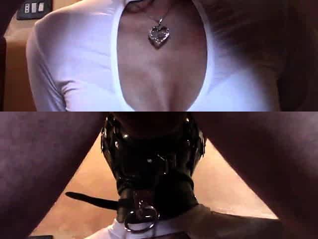 Blindfolded MILF, ring gag, and huge facial cumshot