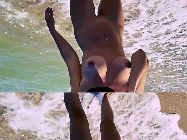 Obscene lady public pissing standing on undressed beach - rate my piddle outside