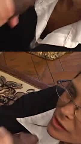 Horny MILF in stockings blows and deepthroats his BBC