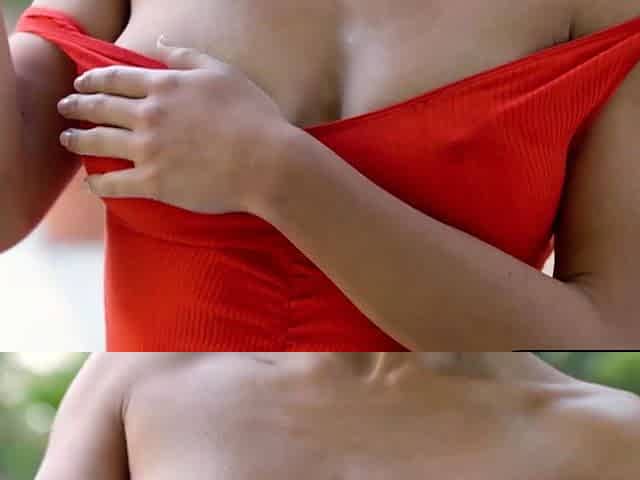Big boobs Latina beauty strips swimsuit