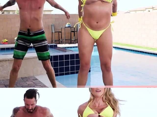 Fitness instructor wife in yellow bikini