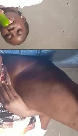 Ebony uses huge cucumber for squirting orgasm