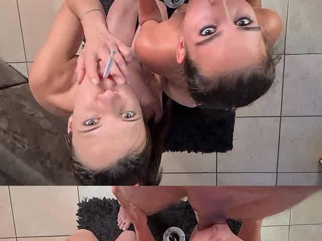 Two Smoking Sluts Sucking My Dick in POV, FFM Threesome, Cum in Mouth, Swallow