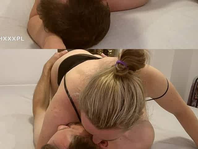 Husband eats his sperm from his wife's tits and cumkiss