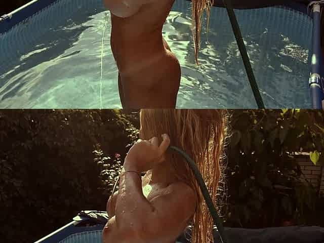 Blonde is flashing her big boobs in the outdoors