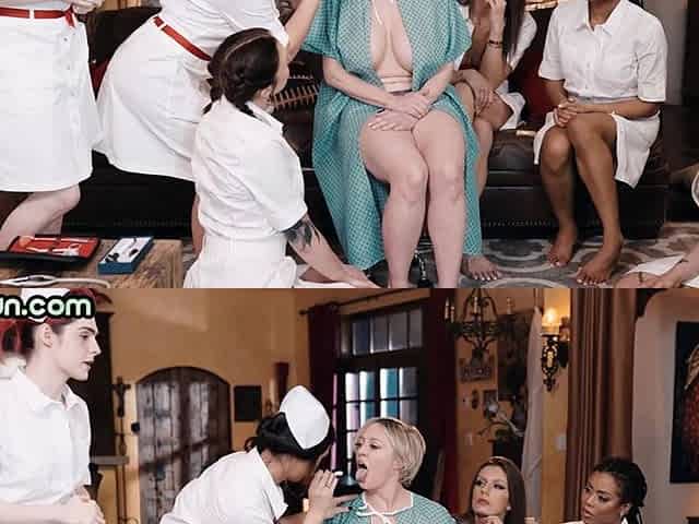 Trans nurses enjoy les orgy with Ebony and busty MILF