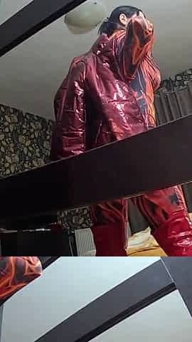 Red Nylon Jumpsuit Fetish - Cameltoe Tease, Deep Blowjob and Cum on My Downjacket