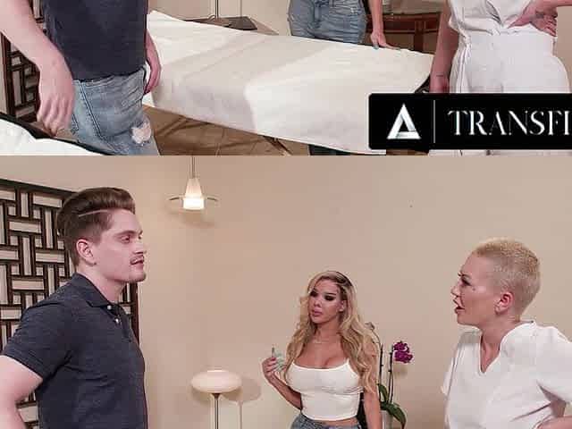TRANSFIXED - Excited Masseuse Gives Cheerful Ending Three-some To Large Titted Brittney Kade & Her Spouse