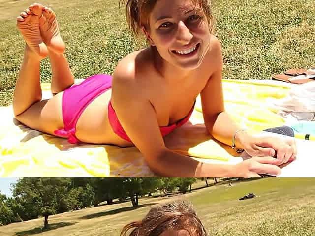 Beautiful Girl In Pink Bikini Exposes Her Gorgeous Feet With Green Nail Polish Outdoors