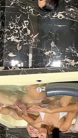 Two Cocks Fuck Me in the Jacuzzi, Until They Cum on My Tits Threesome in the Jacuzzi FMM