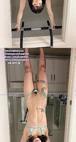 Cute Oriental muscle cutie works out in the tiniest bikini and masturbates with her oozing soaked cunt