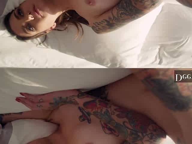 Fat long cock penetrates skinny tattooed bitch on a sofa