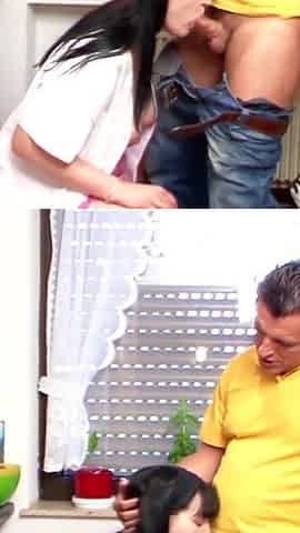 German husband seduces wife in the kitchen and fucks her through