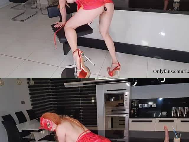 Super lengthy legs, High heels. Laony has pleasure with a vibrator on a high chair.