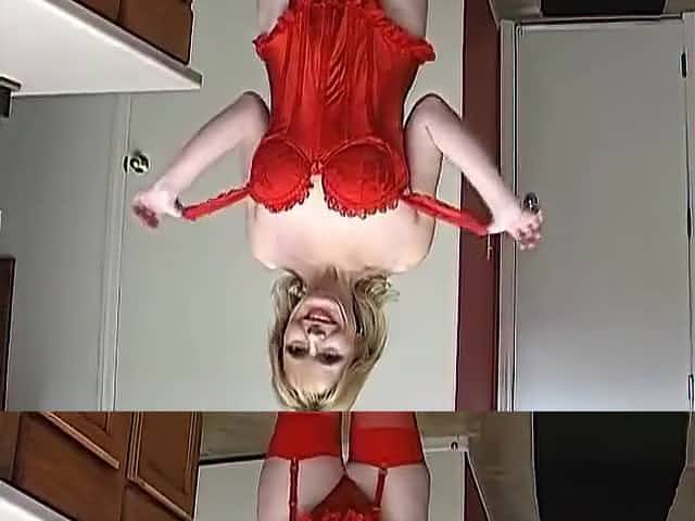 Super sexy older lady in red plays with her wet pussy