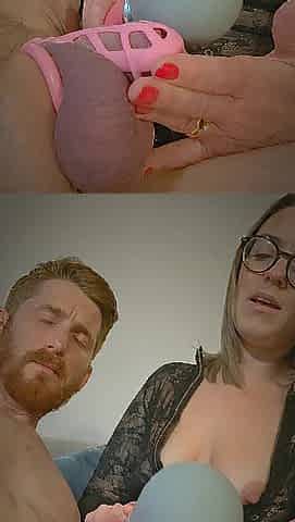 Caged cuck made to cum and then eat his own load. Cuckold humiliation.
