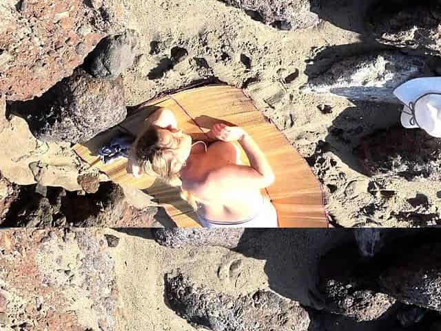 Peeping voyeur fucks blonde MILF on the beach