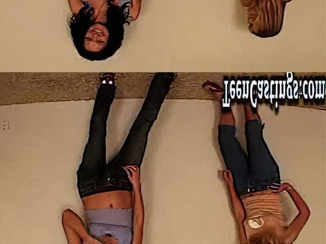 Hot lesbian bitches in jeans strip down and grope each other