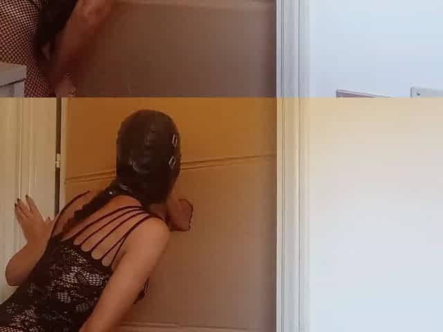 In a nylon catsuit and high heels I suck a jock and screw it in a gloryhole until it cums in my throat